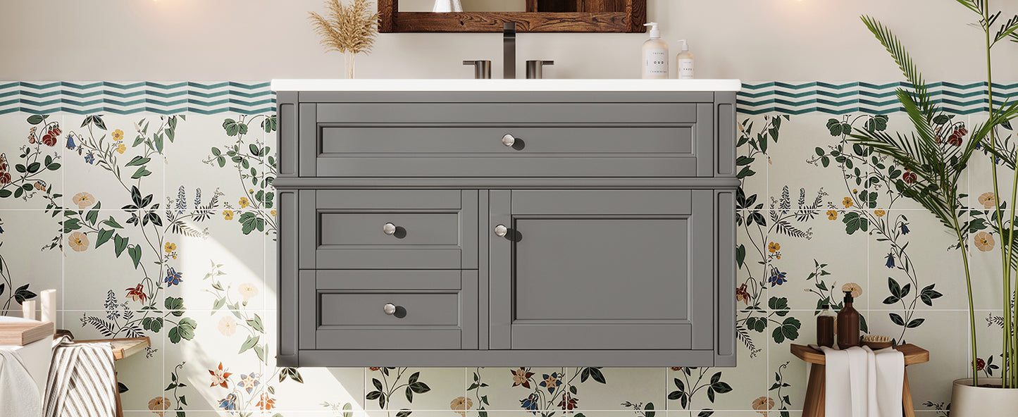 36-Inch Wall-Mounted Bathroom Vanity with Ceramic Sink & Drawers - Gray