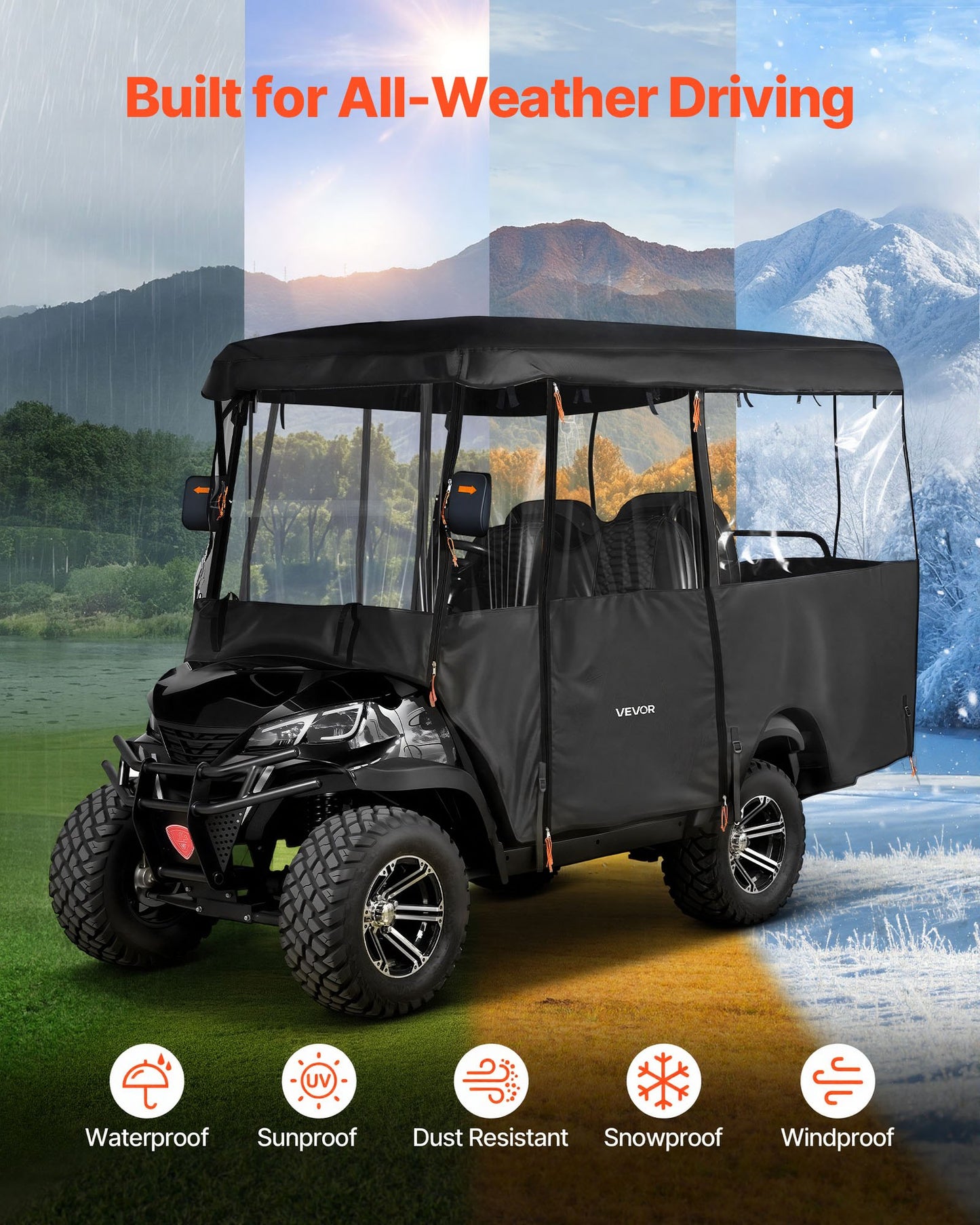 Waterproof Golf Cart Cover for 2-4 Passengers - Full Enclosure with Windproof Hooks