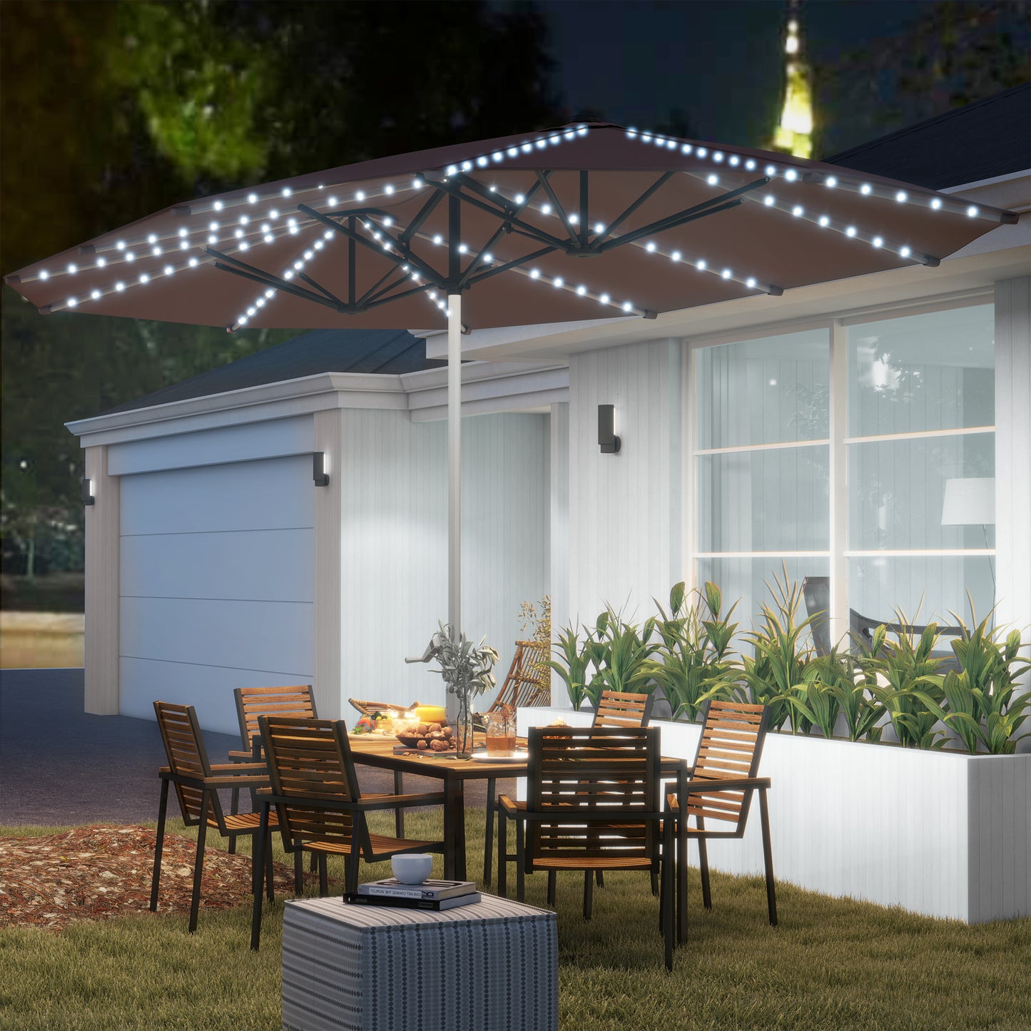 15ft Double-Sided Solar Patio Umbrella with Crank - Tan