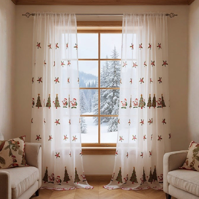 Christmas Tree Embroidery Curtain Set - Holiday Holiday Decor