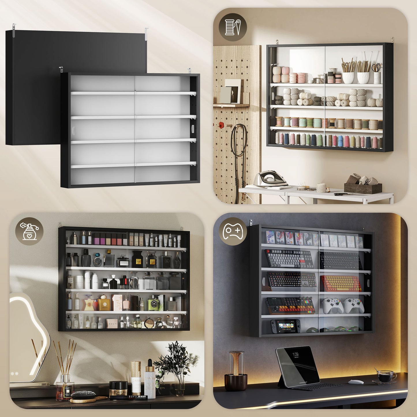 5-Tier Wall-Mounted Display Cabinet with Glass Doors - Black