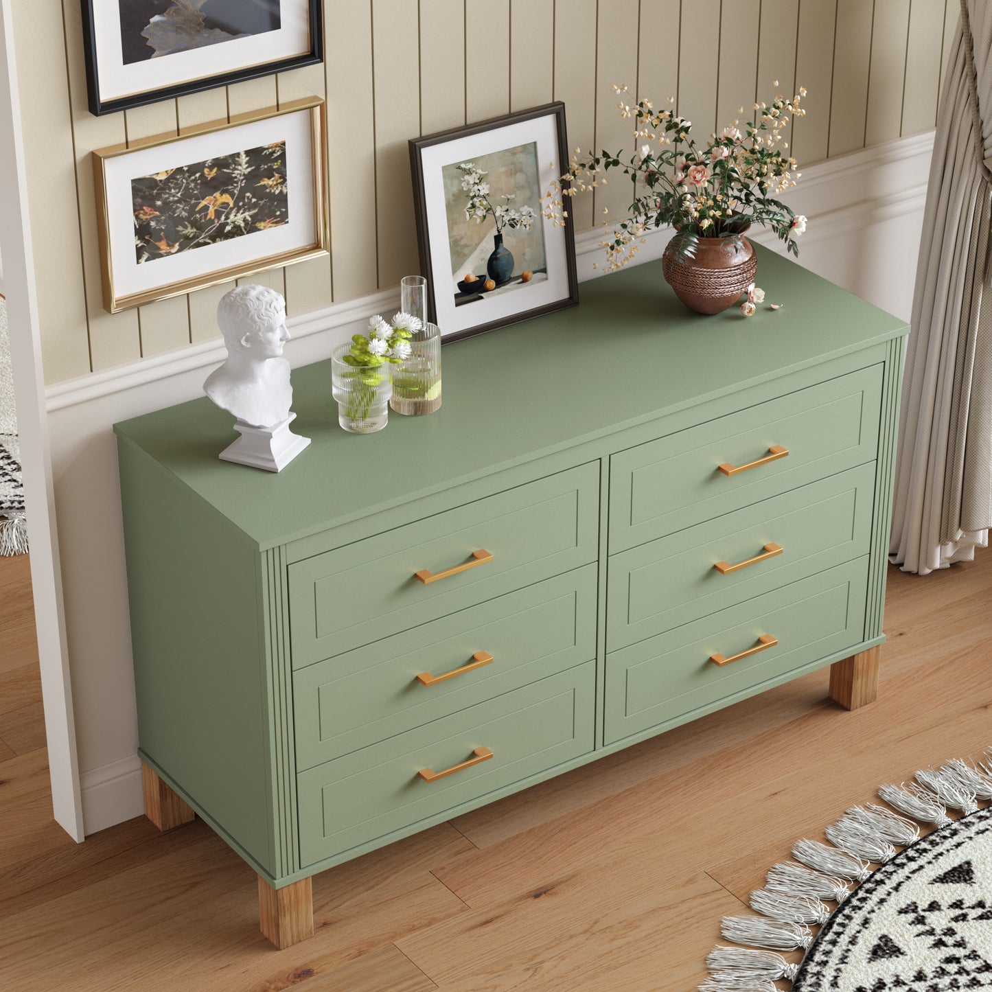 6-Drawer Double Dresser - Sage Green Modern Storage Cabinet