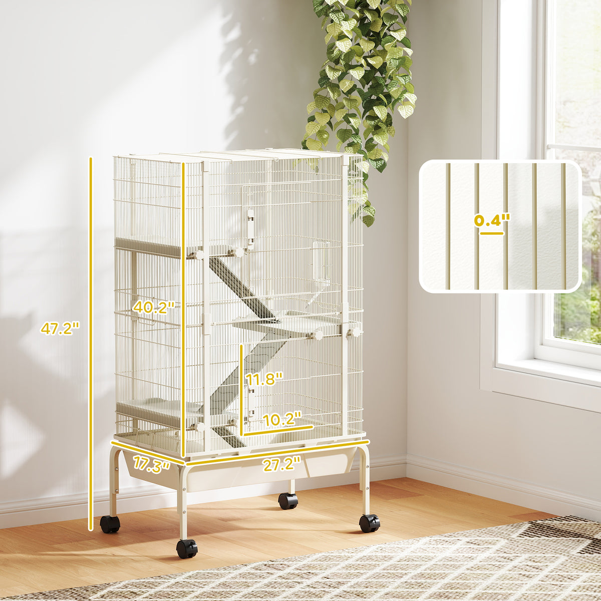 Small Animal Cage with 4 Levels and Rolling Metal Frame - Beige, 47 Inches