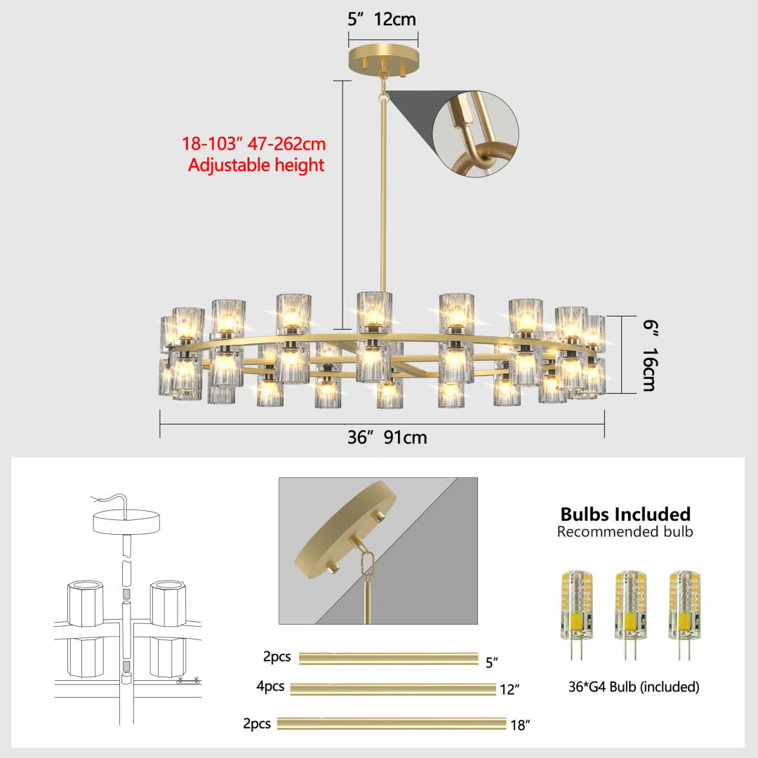 Modern 36-Inch Gold Round Chandelier with K9 Crystal