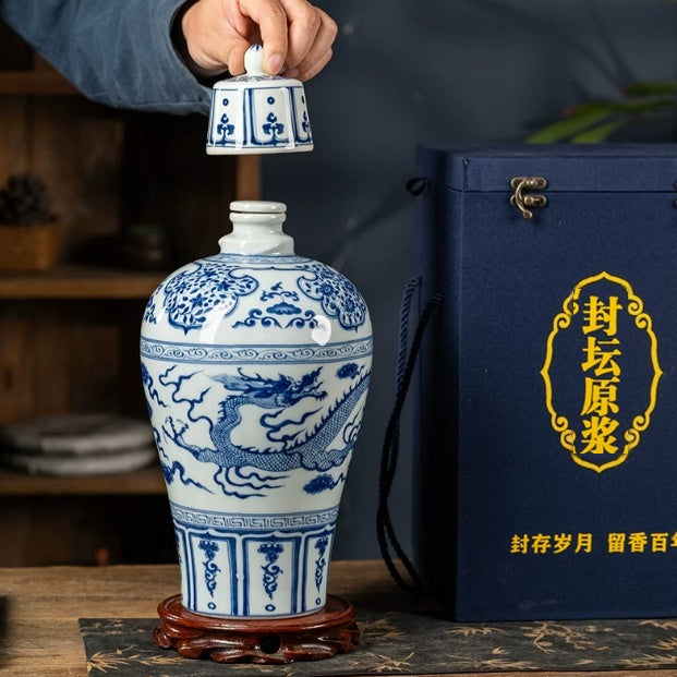 Blue and White Porcelain Baijiu Storage Jar with Double Seal Lid - 2.5kg/5kg Options