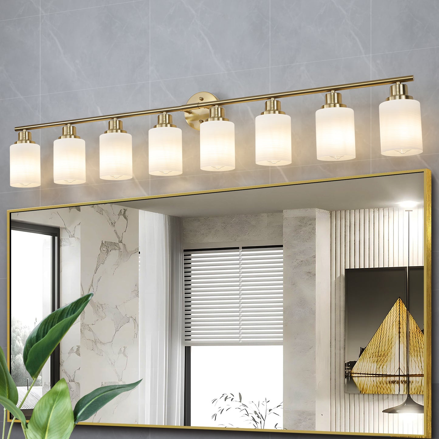 Modern 8-Light Wall Sconce - Golden Finish with Frosted Glass Shades
