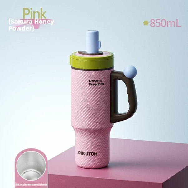 Large-Capacity Insulated Ceramic & Stainless Steel Travel Cup with Handle