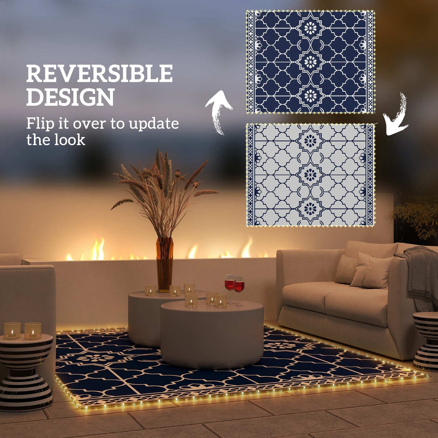 Reversible Outdoor Rug with LED Lights, 10x8 Waterproof Design