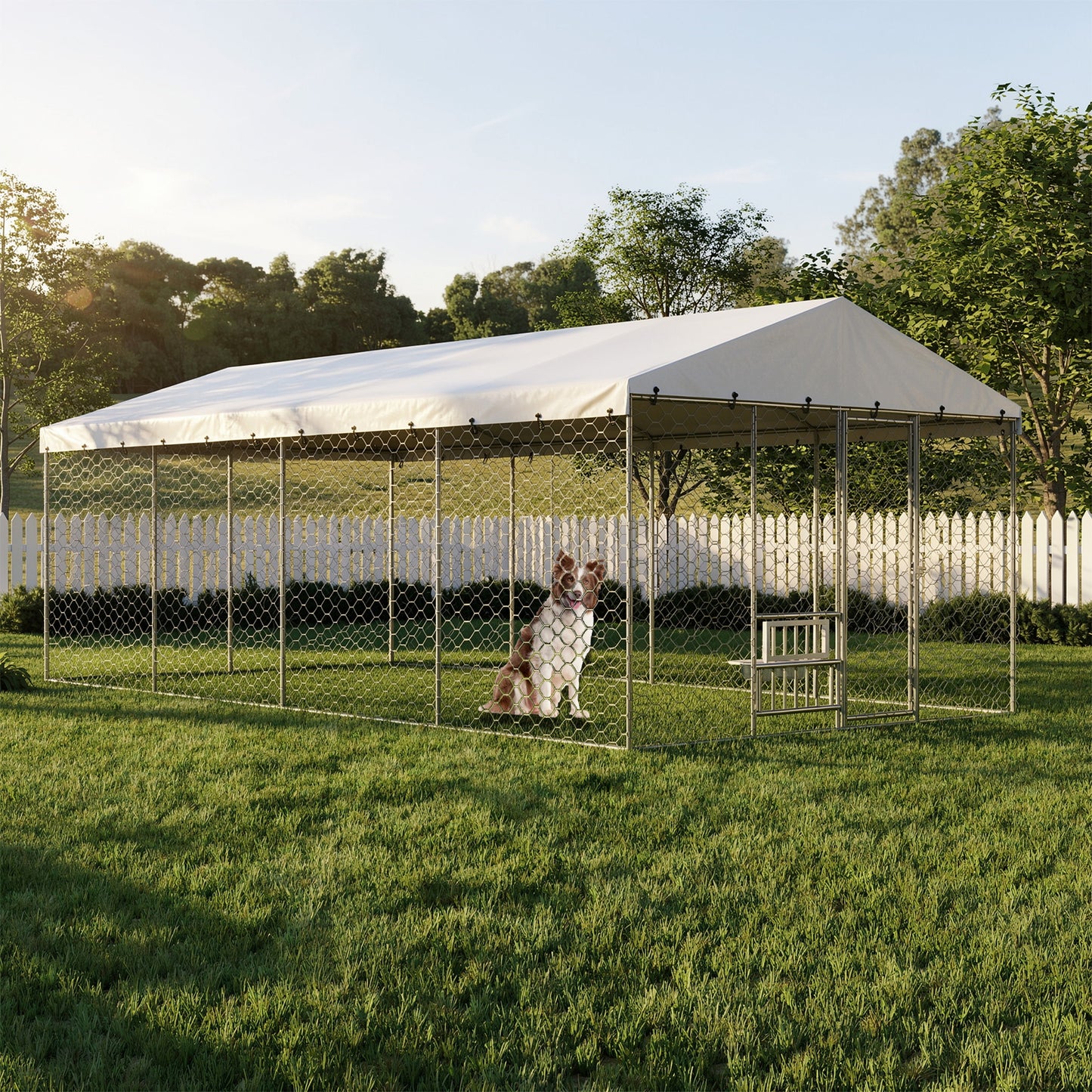 Large Outdoor Dog Kennel with Canopy - Heavy Duty Galvanized Steel Frame, Waterproof Cover, Elevated Feeders, Escape-Proof Lock - 20x10 ft