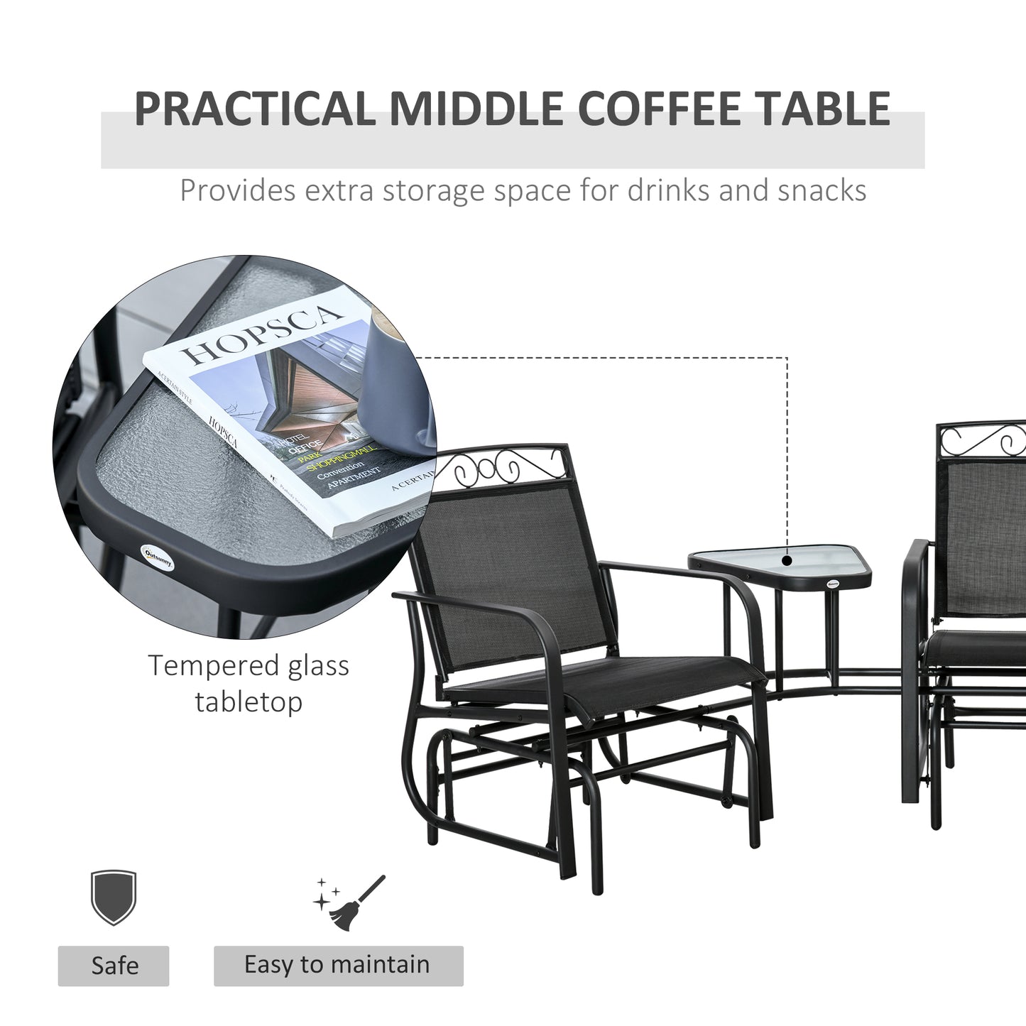 Black Outdoor Glider Chair with Coffee Table - 2-Seat Rocking Swing