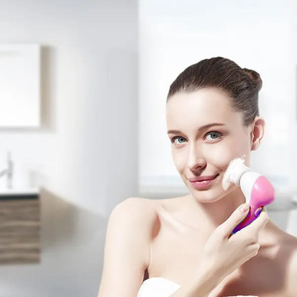 Electric Facial Cleansing Brush with 5 Brush Heads - Pink