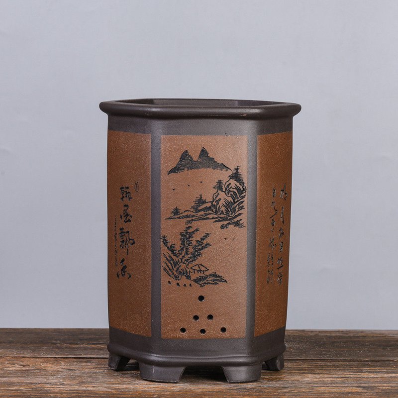 Hexagonal Yixing Clay Orchid Pot with Base Stand Handmade - Garden Planter