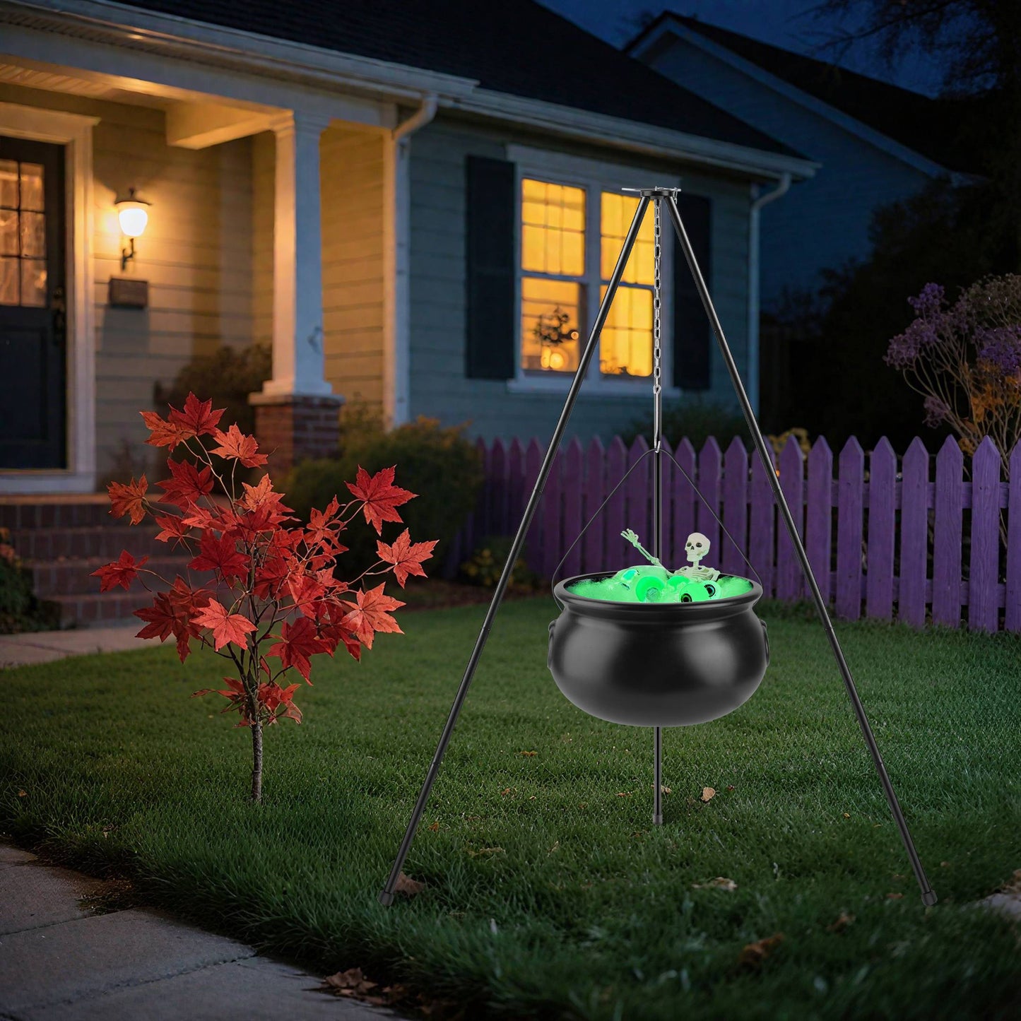 Halloween Witch Cauldron Decoration Set with Tripod & String Lights