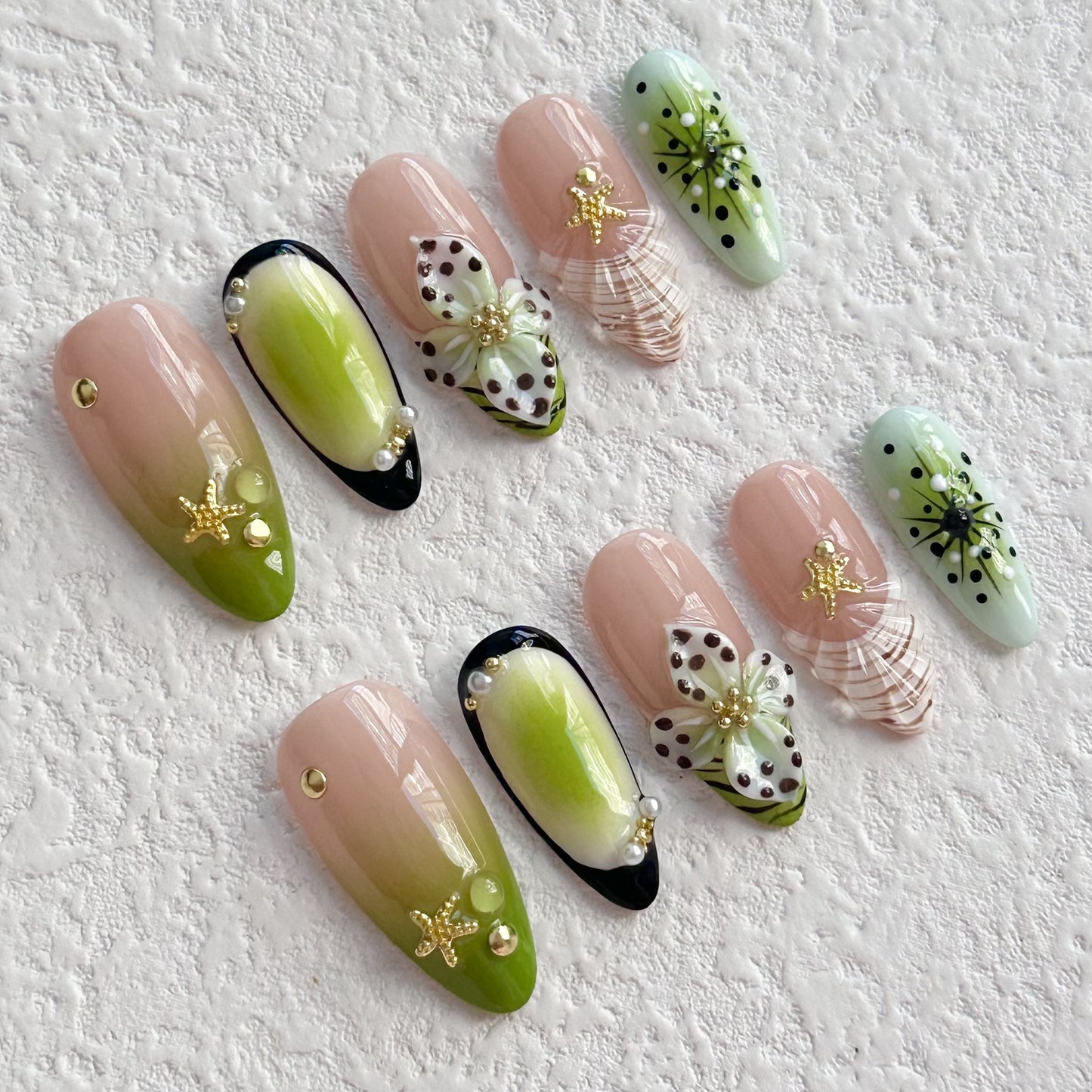 Handmade 3D Carved Green Nail Art Armor Kit - Multiple Sizes & Styles