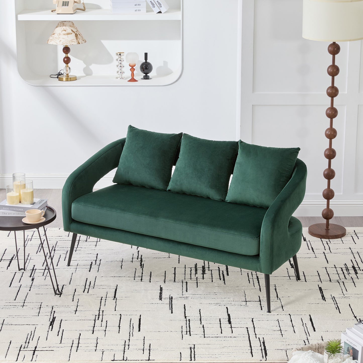 Modern Velvet Loveseat Settee with 3 Pillows - Green