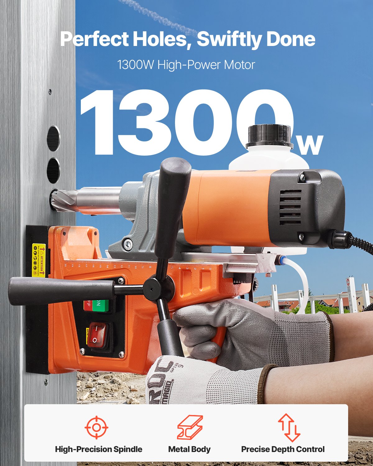 Portable Magnetic Drill 1300W 810 RPM Heavy Duty Power Tool Orange
