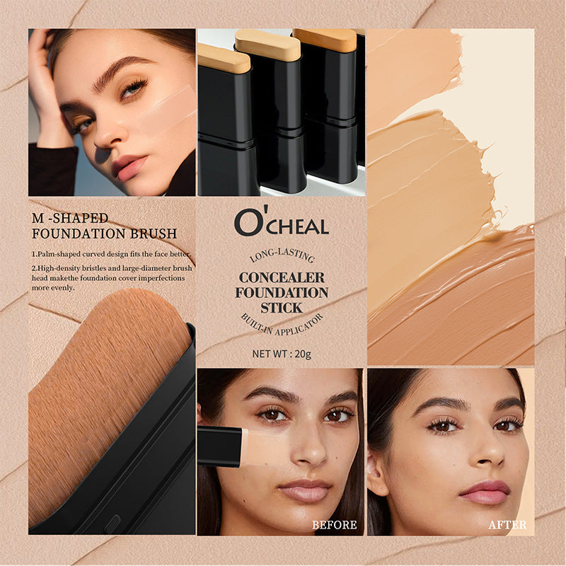 Dual-Ended Foundation Concealer Stick with Brush - Full Coverage & Long-Lasting