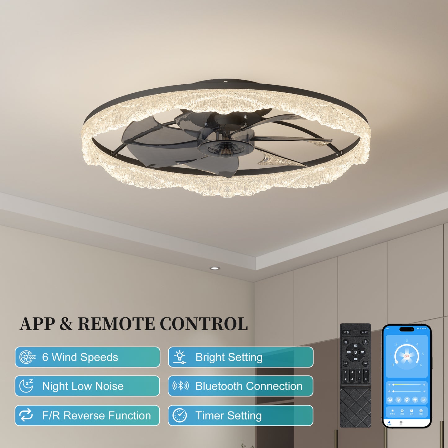 Modern LED Ceiling Fan Light with Remote Control - Black