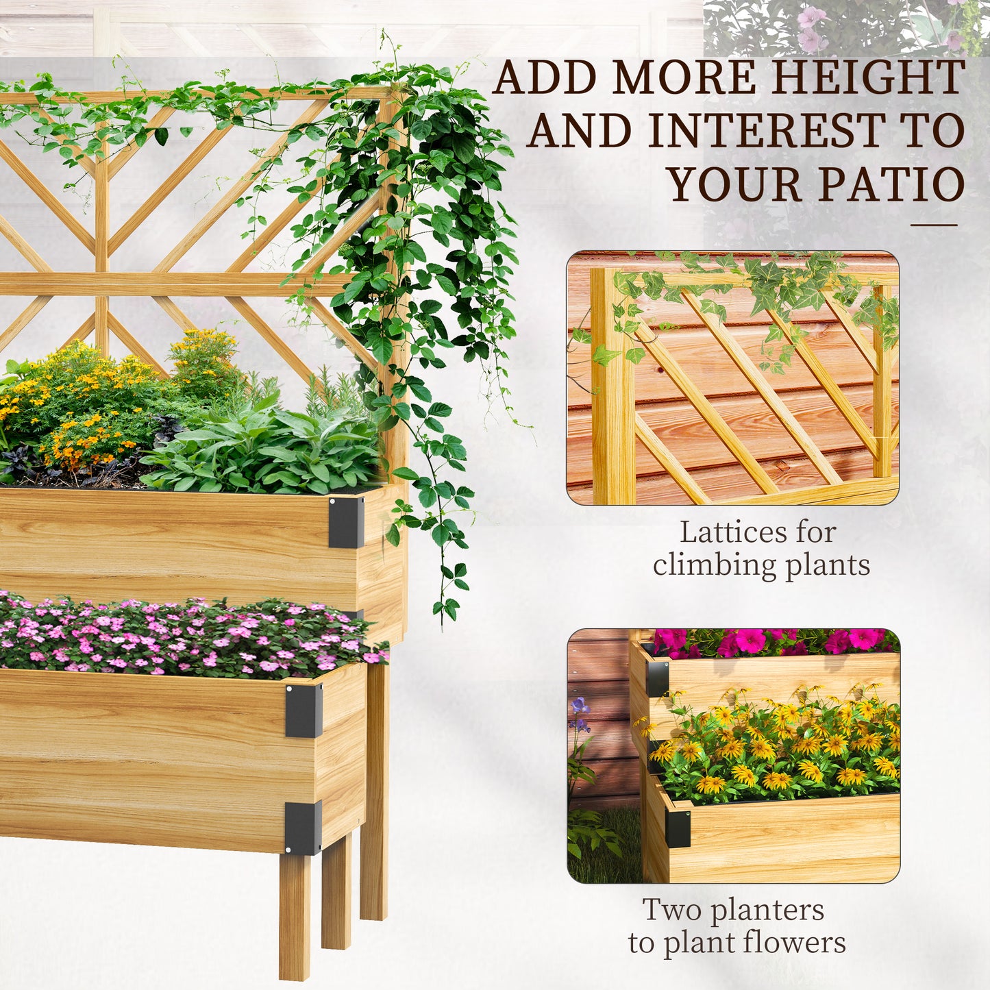 Wooden Raised Garden Bed with Trellis - Natural 1185x395x275 mm