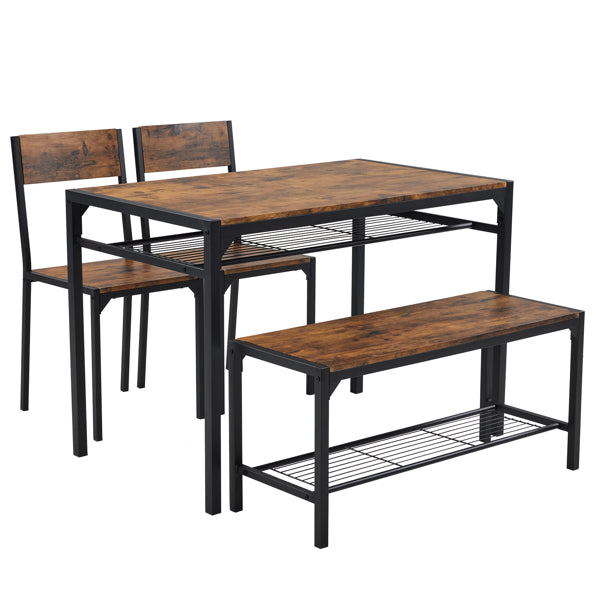 Dining Table Set for 4 - Rustic Brown Kitchen Table with 2 Chairs and Bench