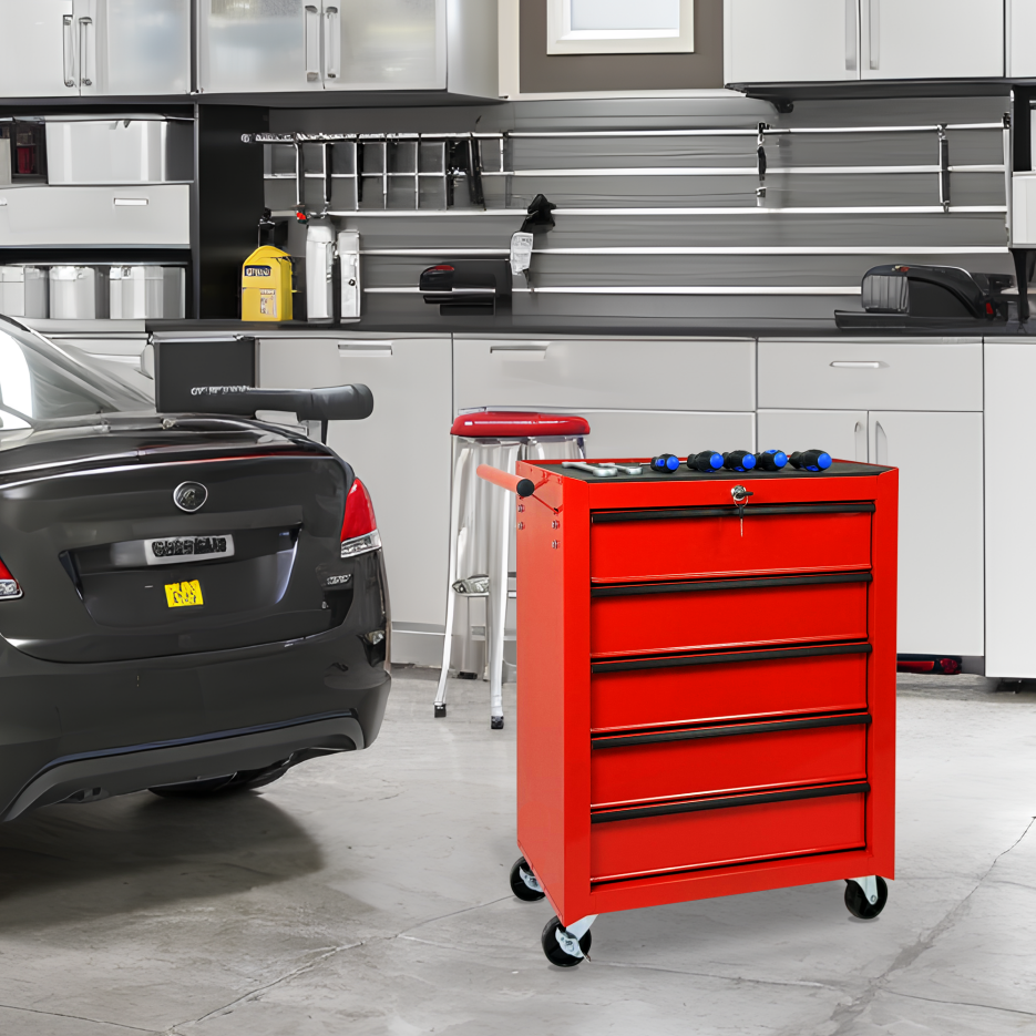 20-Inch Rolling Metal Tool Chest with 5 Drawers - Red