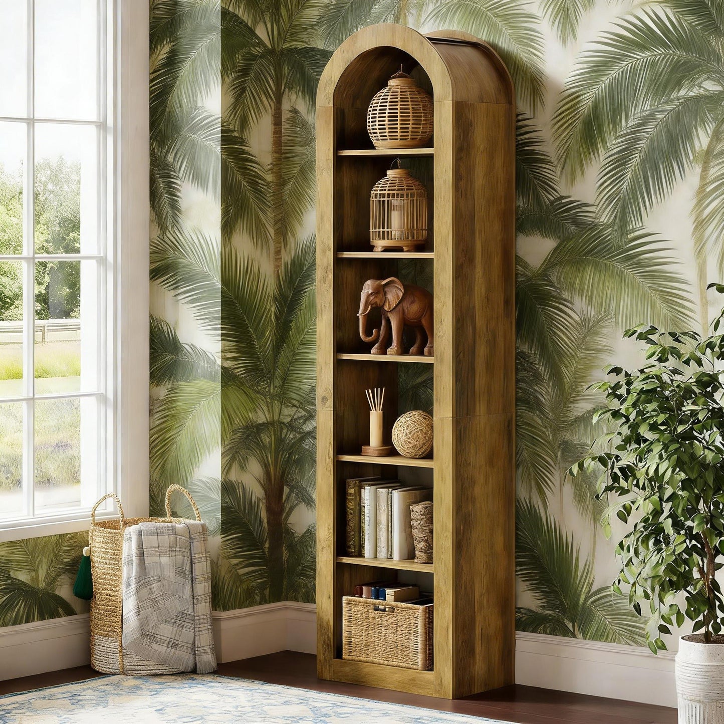 Arched Open Bookcase - 6-Tier Rustic Display Shelf, Brown