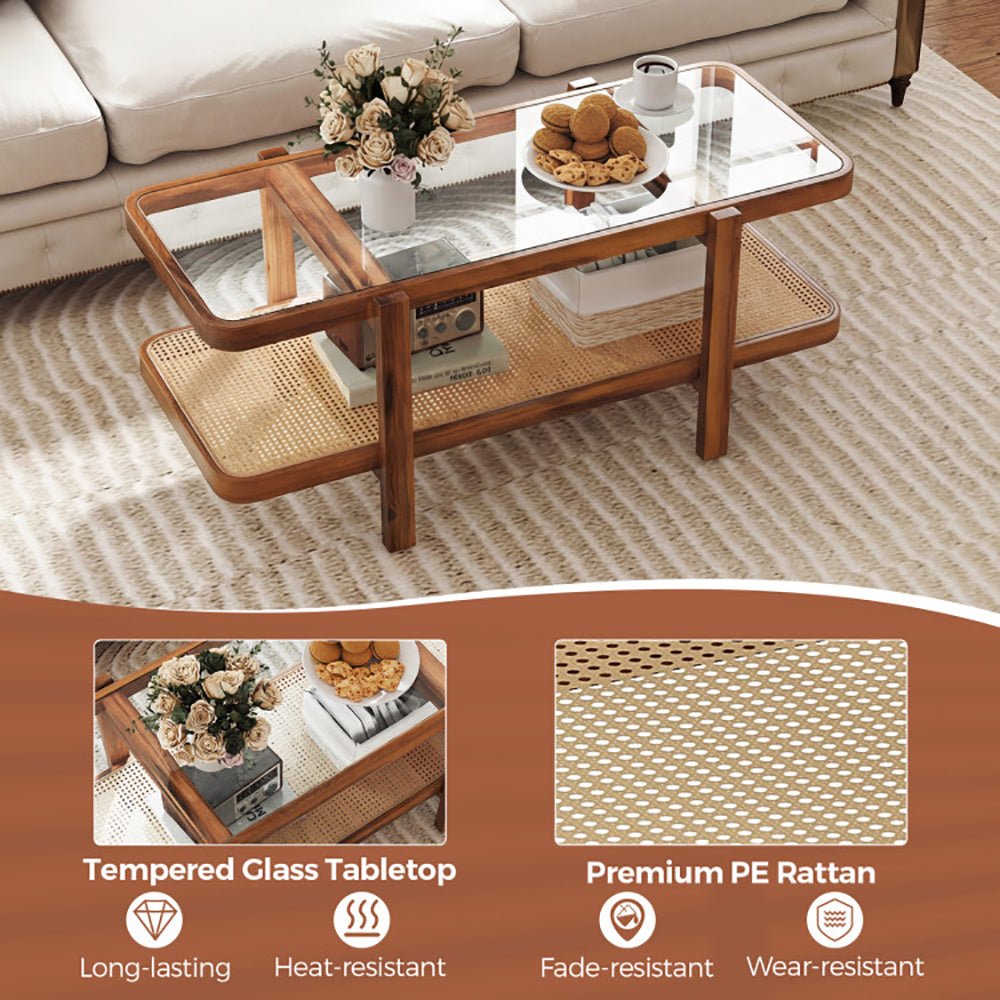 2-Tier Coffee Table With Storage And Tempered Glass Tabletop PE