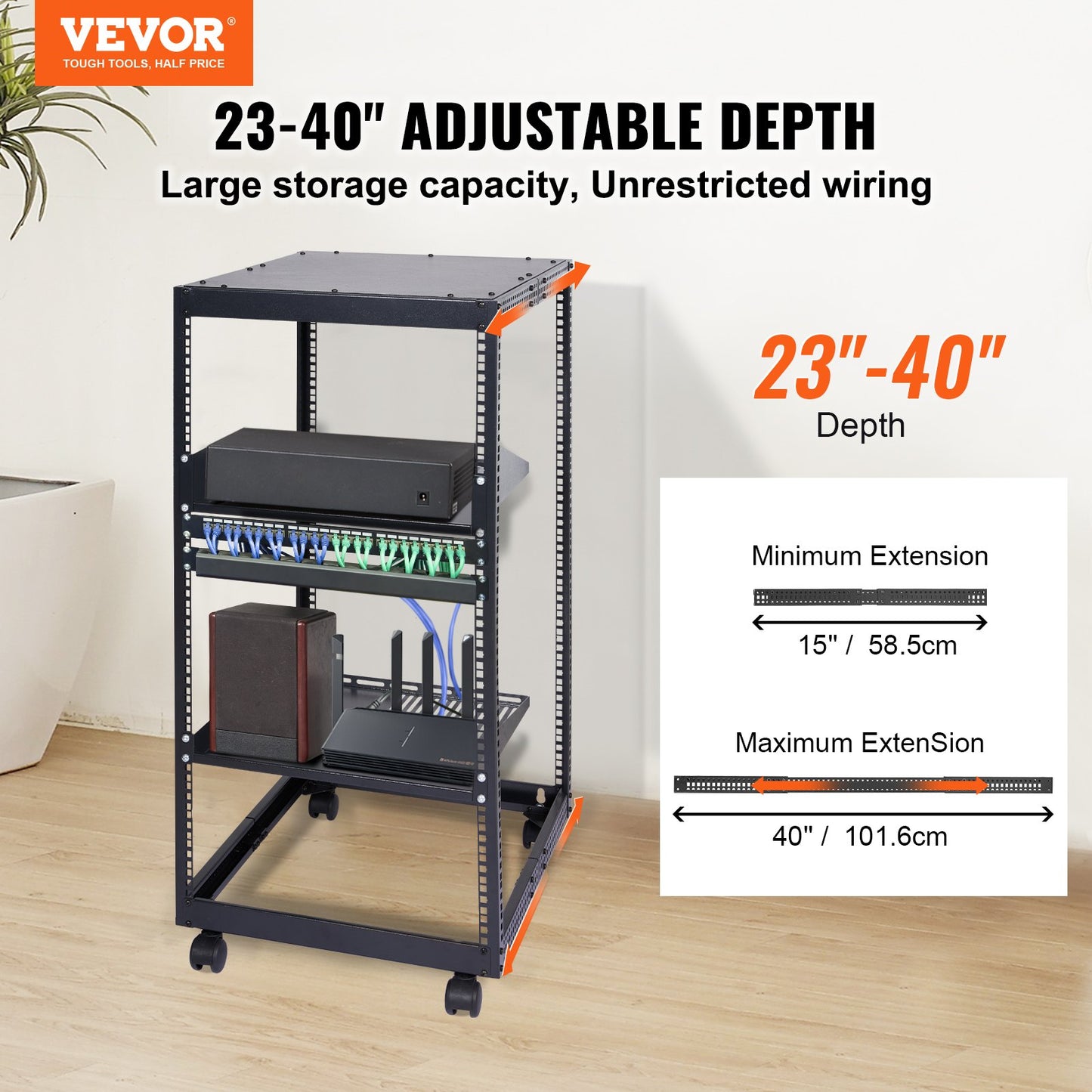 20U Open Frame Server Rack with Adjustable Depth, Wall & Floor Mount, Black