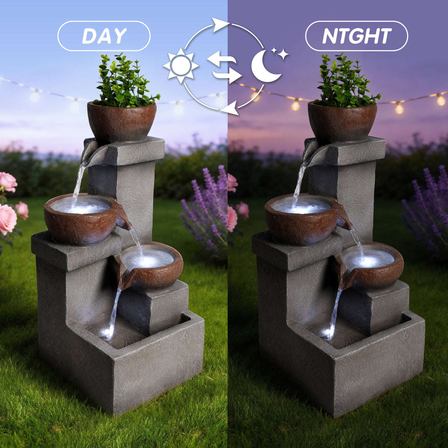 Outdoor Tiered Water Fountain with LED Lights Resin Garden Decor 23in
