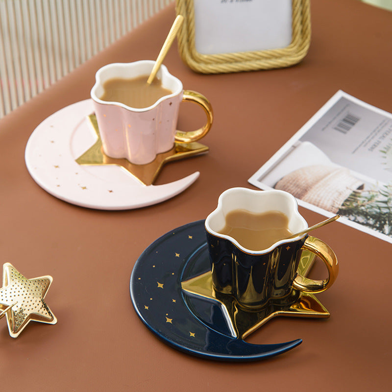 Ceramic Cup Set with Star and Moon Saucer - 4 Colors