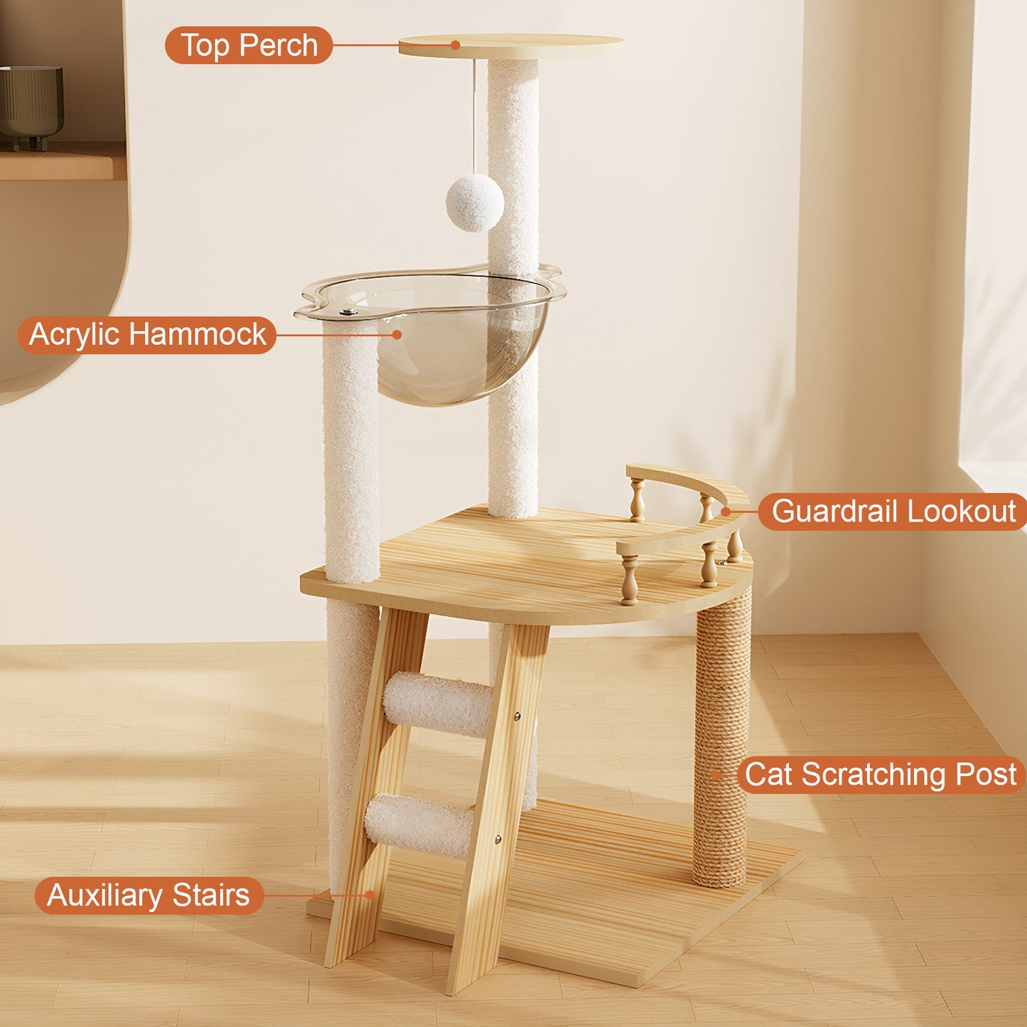 Modern Wooden Cat Tower with Sisal Posts & Top Perch - 41.3 Inches