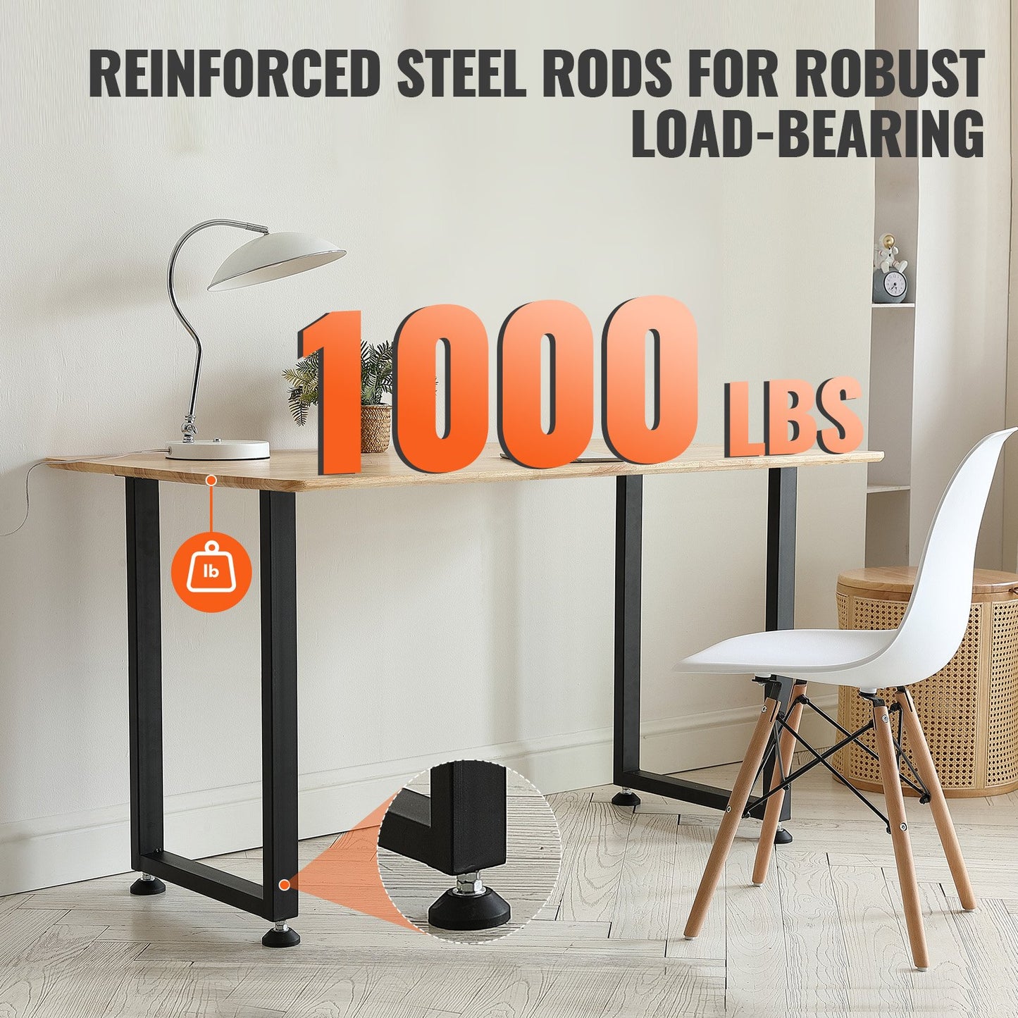 Adjustable Steel Table Legs Set of 2 - Heavy Duty 1000 Lbs Supports, Black
