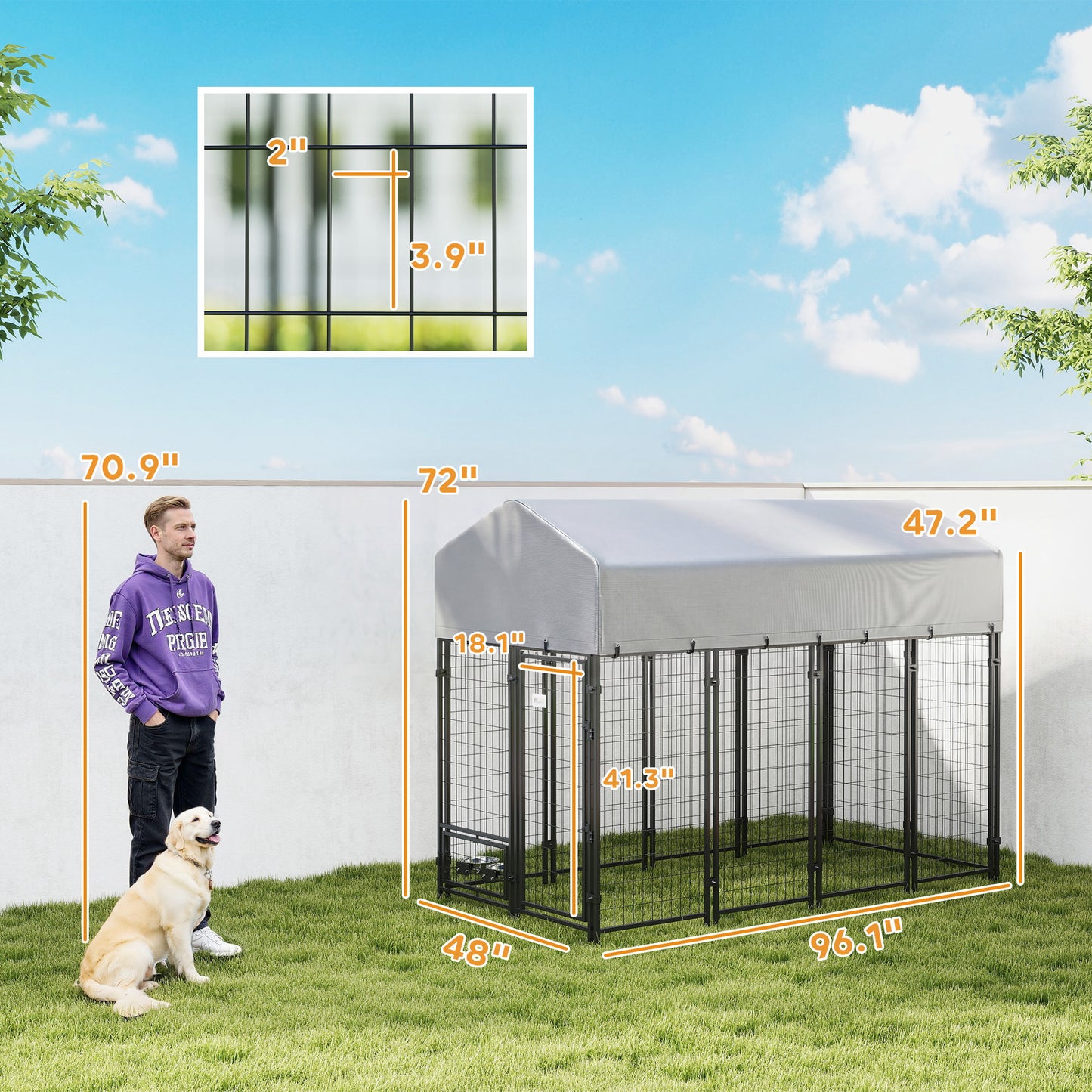 Outdoor Dog Kennel - Large Steel Pet Run with Cover, Lockable Gate