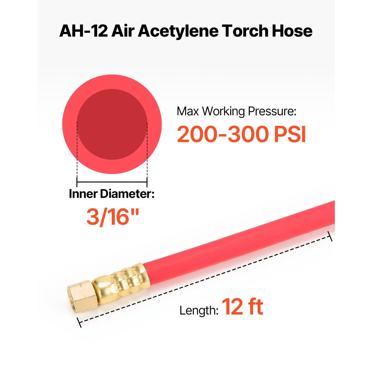 Acetylene Welding Hose 12FT with 3/8-24 LH Fittings - Compatible with Regulators