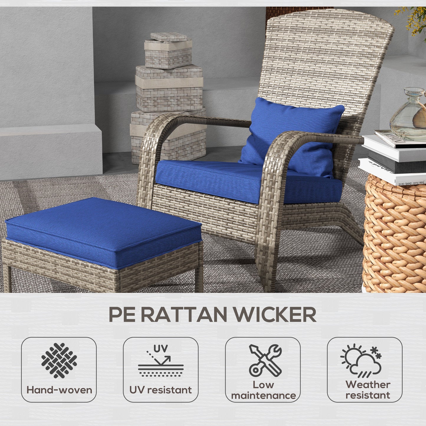 Wicker Adirondack Chair with Ottoman & Cushions - Blue
