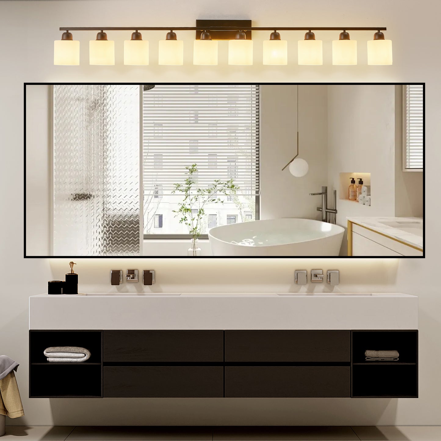 10-Light Bathroom Vanity Light Fixture - Matte Black with White Shades