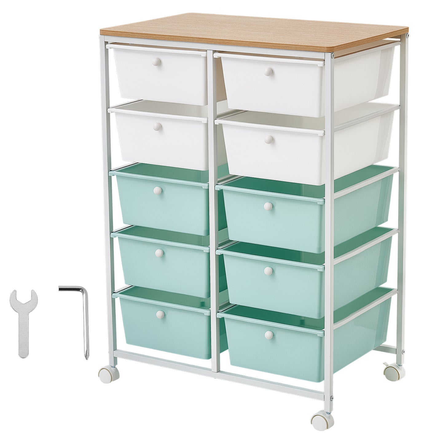Mobile Utility Cart with Drawers, Steel Frame and Wooden Top, Blue & White