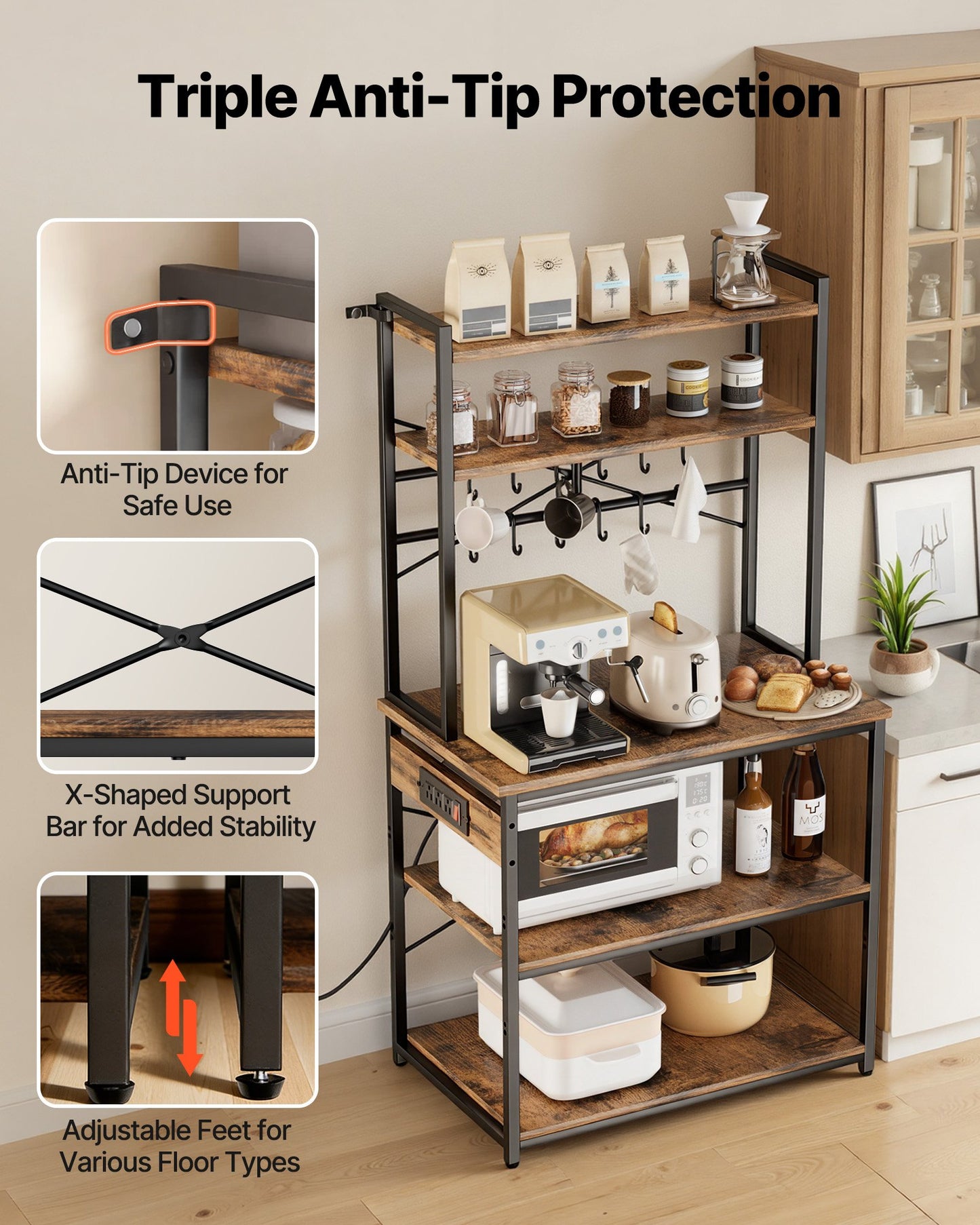 5 Ft Kitchen Bakers Rack with Power Outlet and Hooks - Black Steel Stand for Kitchen Storage