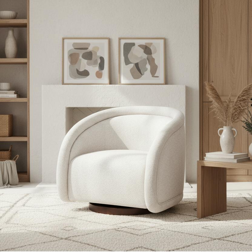 Sabbo Beige Boucle Swivel Chair With Walnut-Finished Solid Wood Base