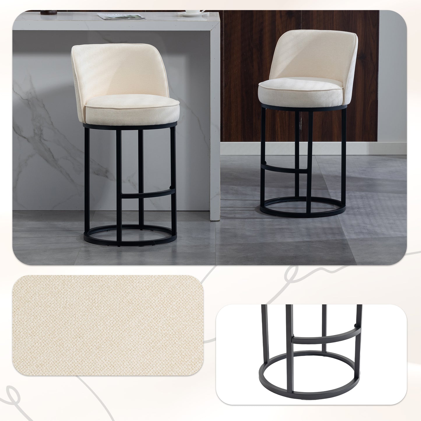Counter Height Bar Stools Set of 2 - Modern Beige Upholstered