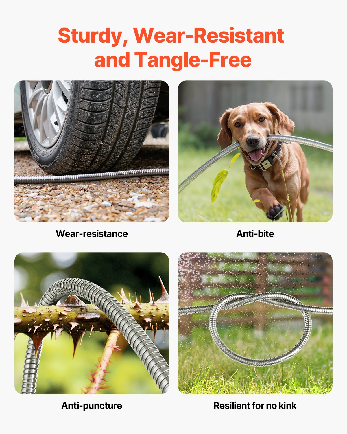 25 Ft Stainless Steel Garden Hose with No-Kink Nozzle - Heavy Duty Outdoor Water Pipe