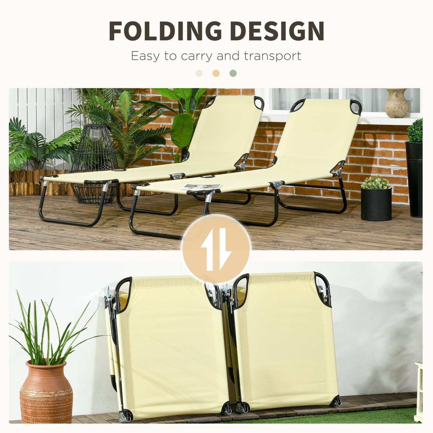 Folding Chaise Lounge Chairs - 2 Piece Outdoor Set, Beige