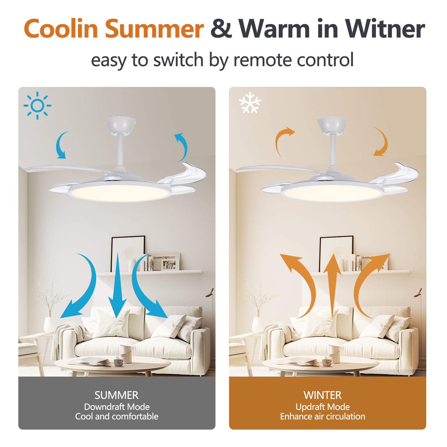 Retractable Ceiling Fan with Light and Remote Control - White