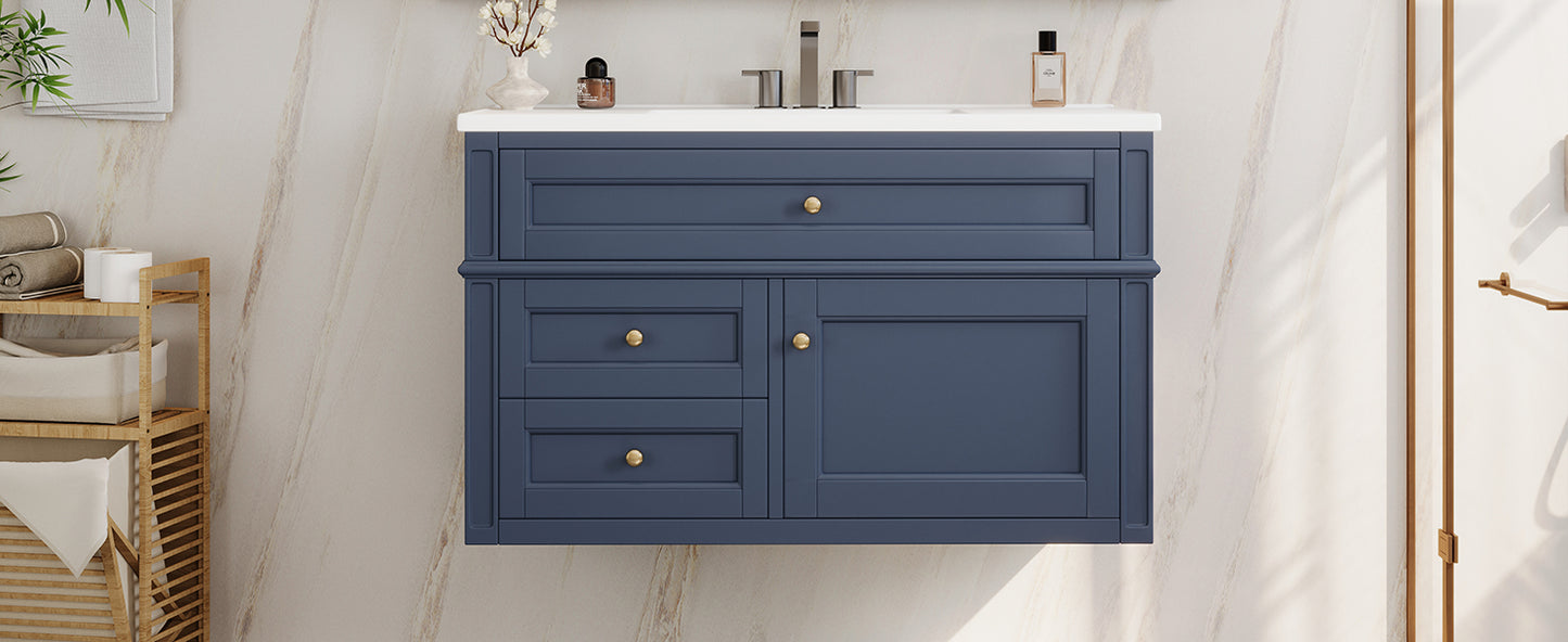 36-Inch Wall Mounted Bathroom Vanity with Ceramic Sink - Blue