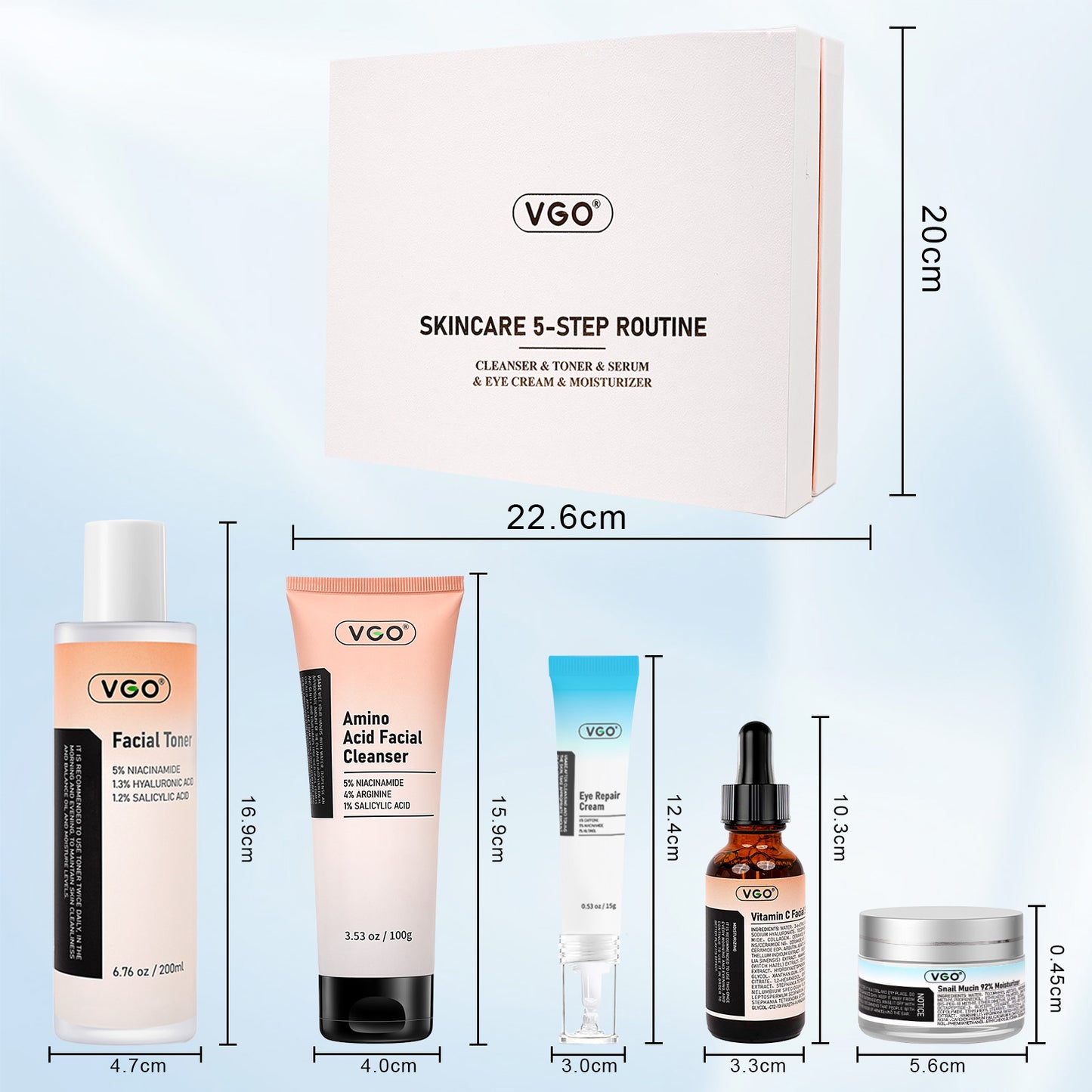 5-Step Facial Skincare Routine Set - Cleanser, Toner, Serum & Moisturizer
