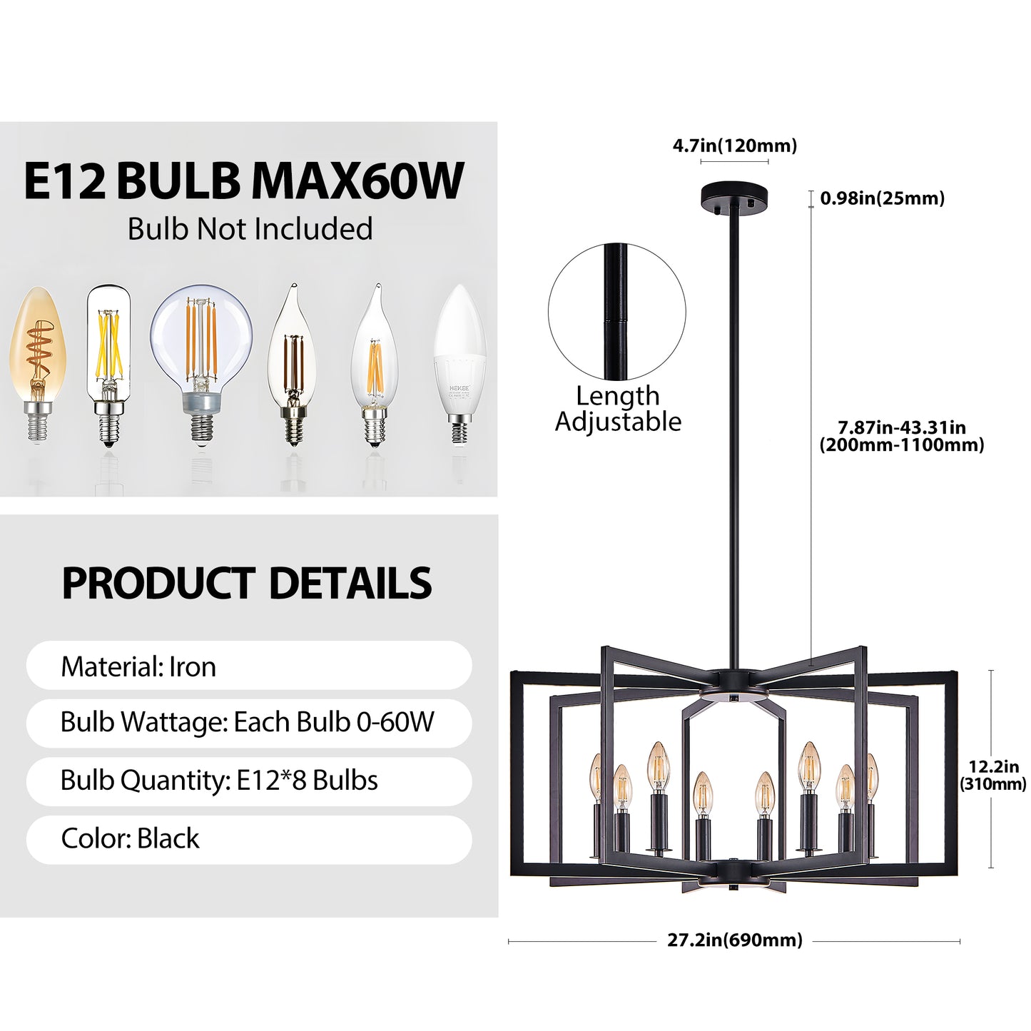 27-Inch Modern Black Geometric Pendant Light Fixture for Living Room Kitchen