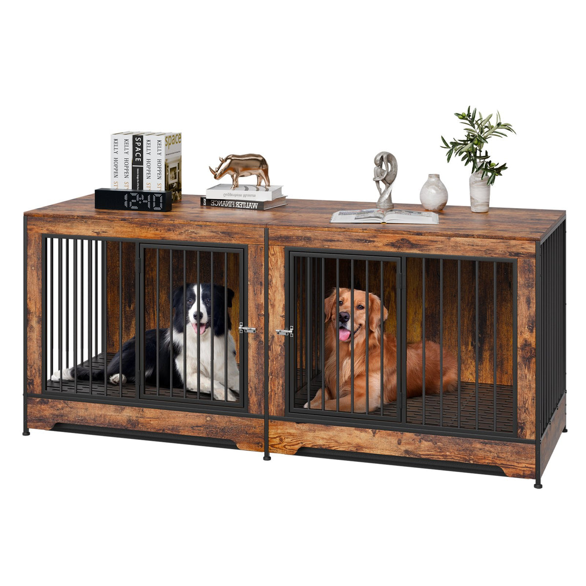 75 Inch Wooden Dog Crate Furniture with Divider & Tray - Indoor Pet Kennel