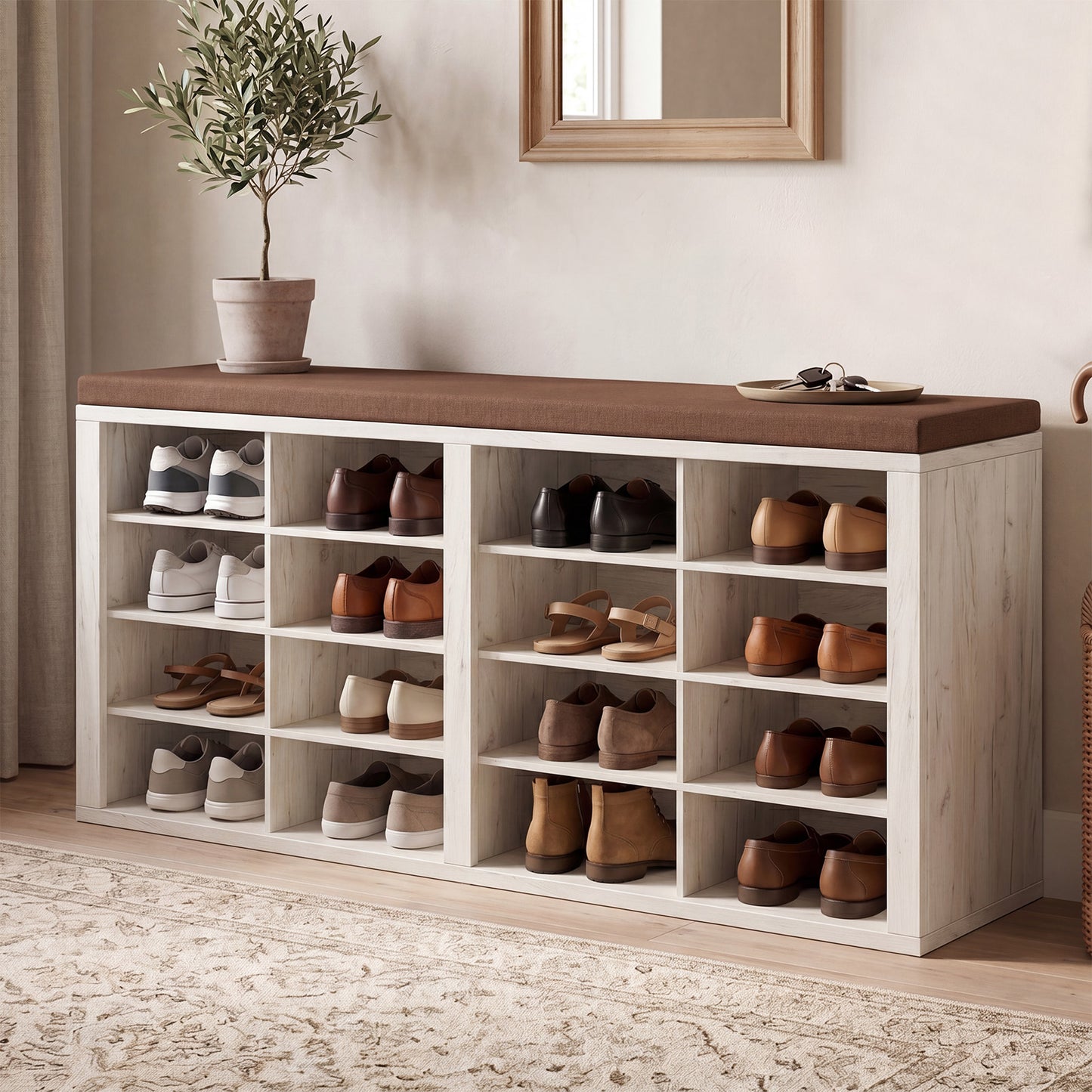 Shoe Storage Bench With Cushion 16 Cubby Rack Multifunctional