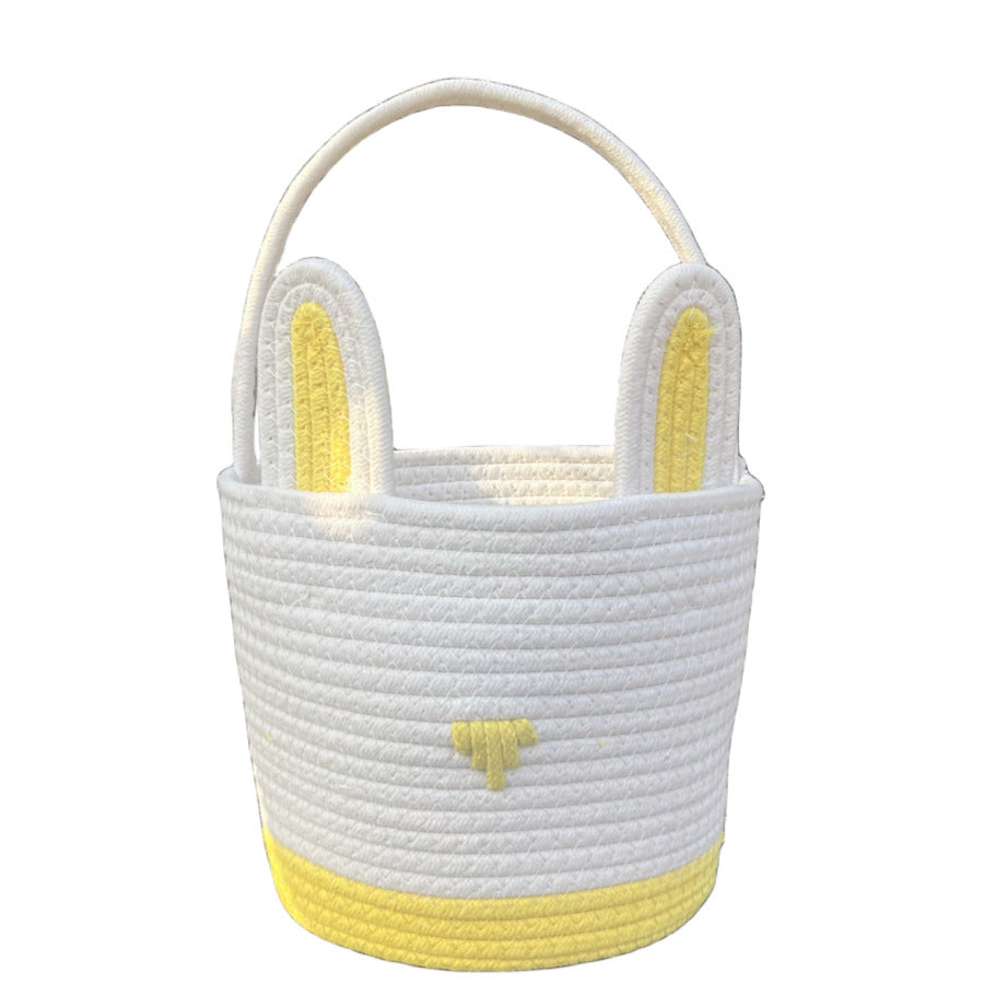 Easter Egg Handwoven Cotton Basket with Cartoon Rabbit Design – Multi-Color Storage Bag