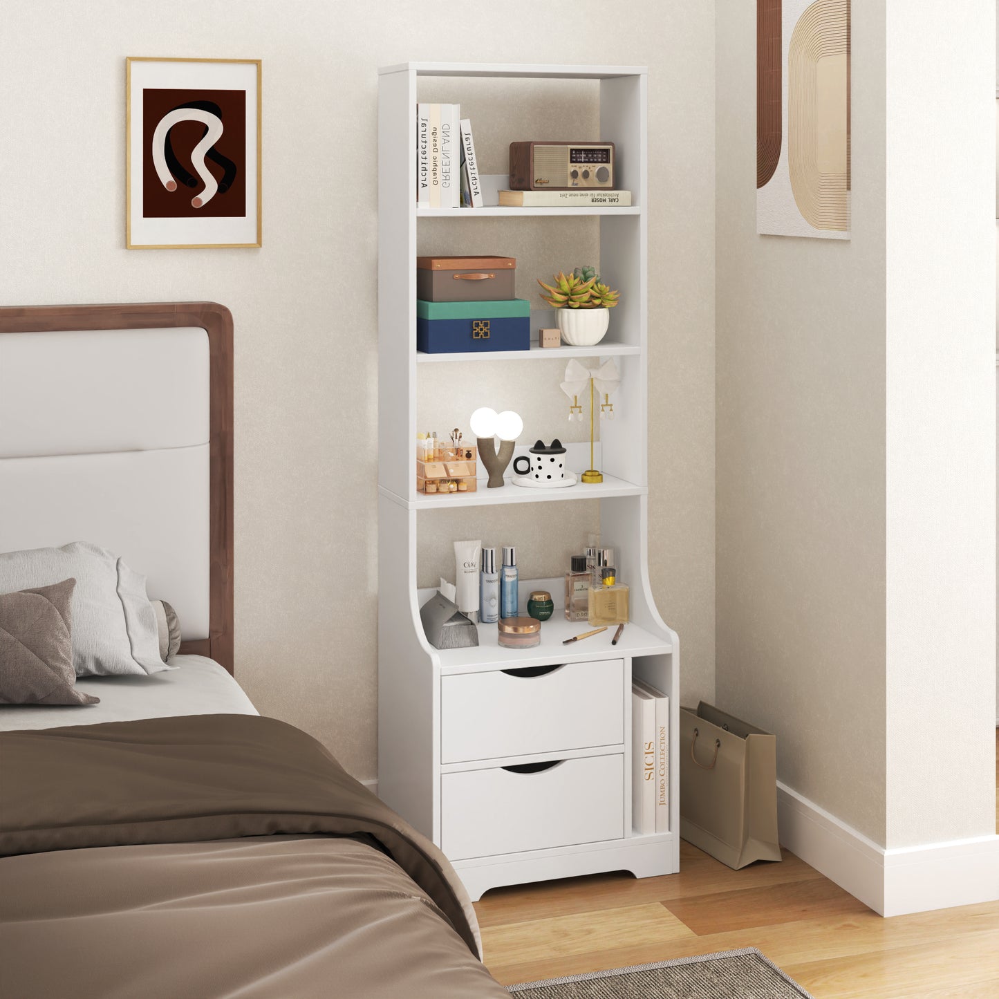 White Night Stand with Bookshelf and 2 Storage Drawers